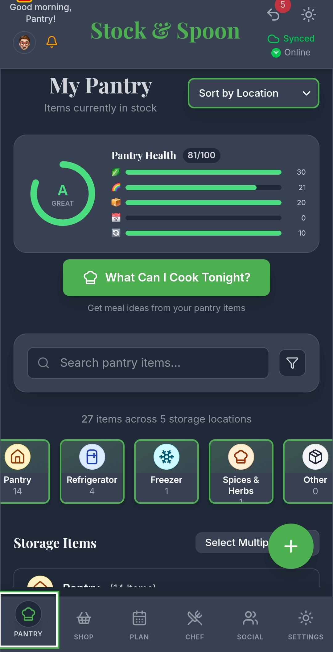 Pantry tracking screen