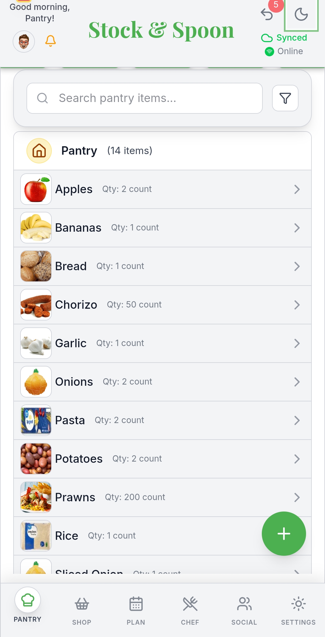 Light theme pantry screen