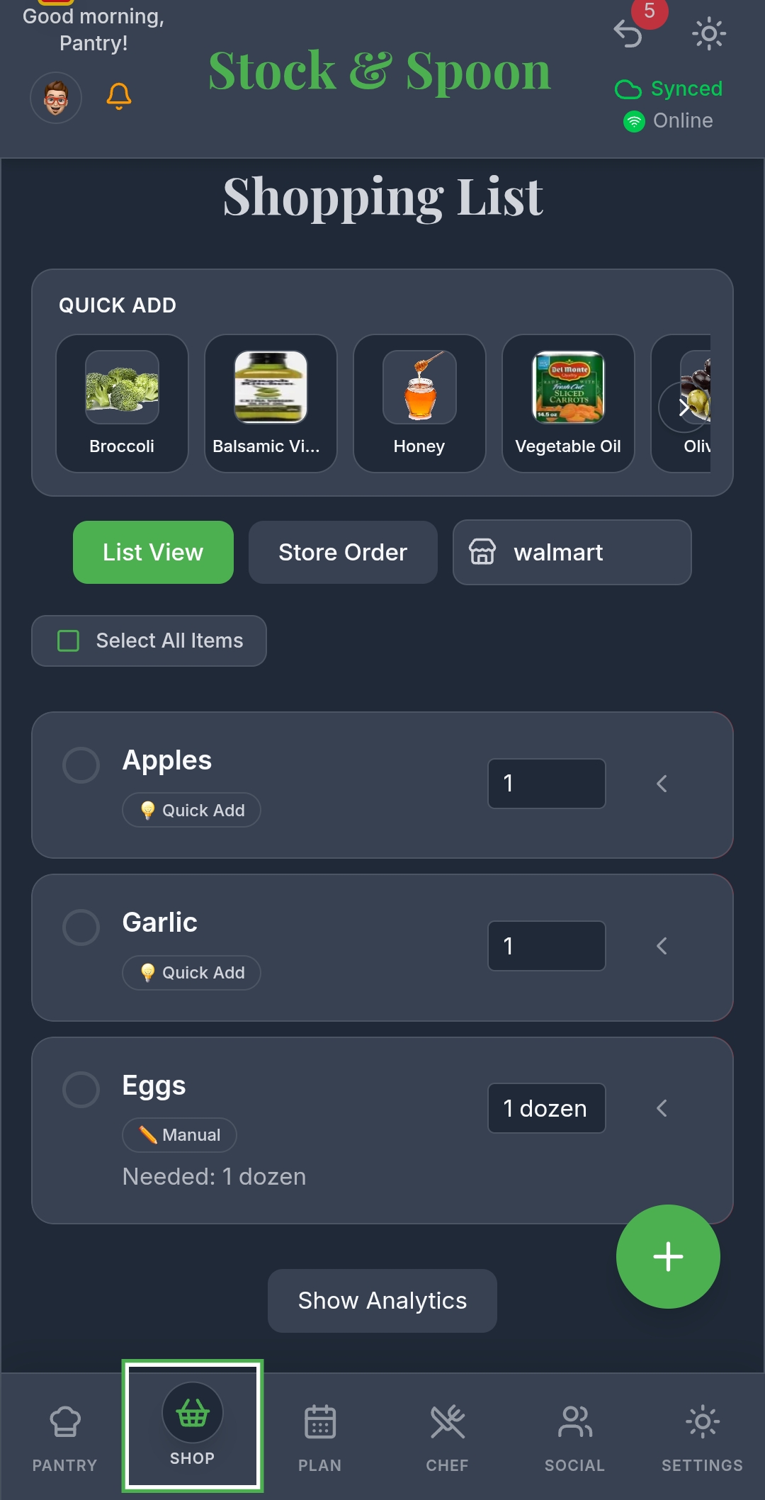 Shopping list screen